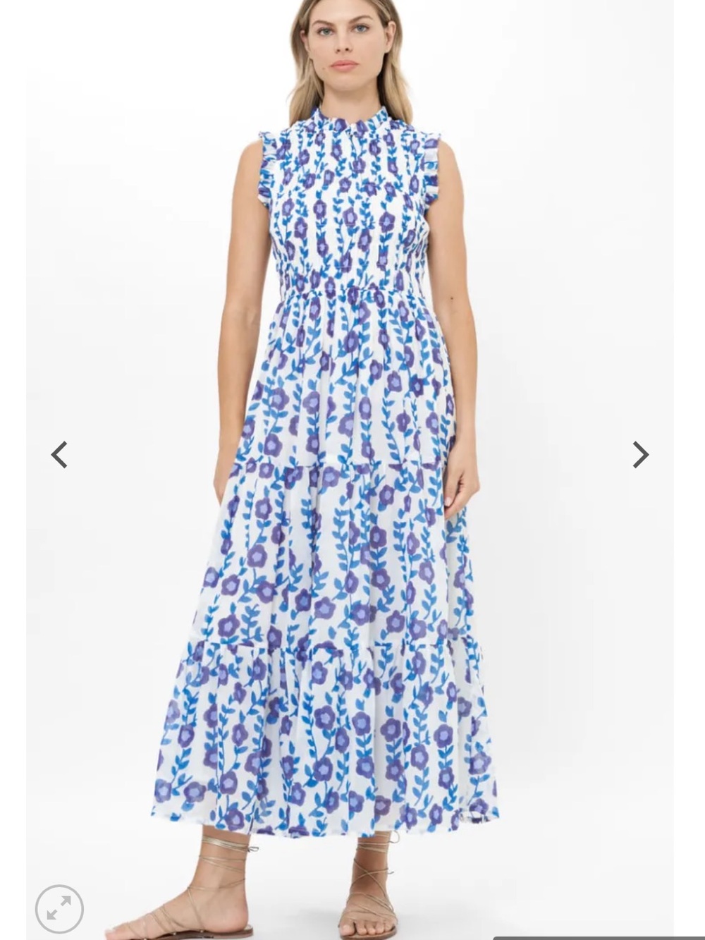 Oliphant Sleeveless Smocked Maxi- Toscana Blue Floral Tiered Maxi Dress XL